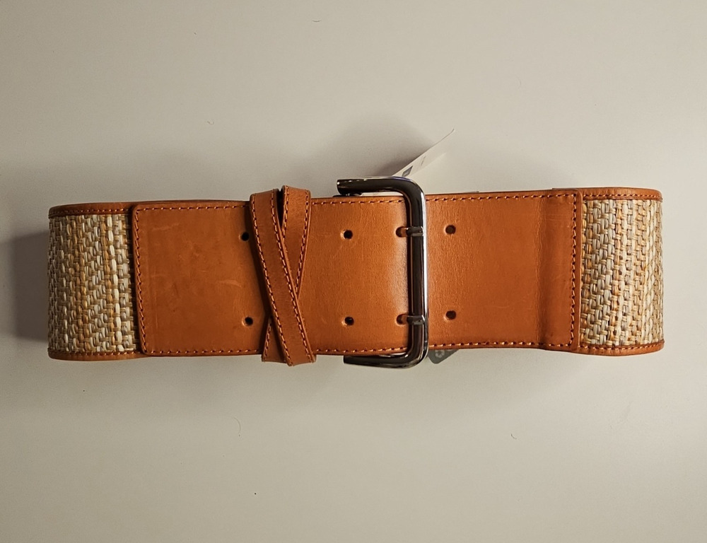 MNG by Mango Size 75 Wide Waist Belt Genuine Leather Woven Raffia Tan NWT